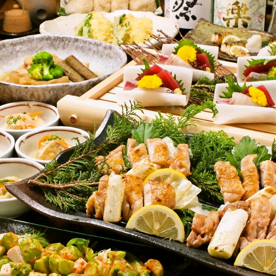 【定番】『いわい鶏炭火焼きと本ズワイ天ぷらコース』飲み放題付き料理全8品